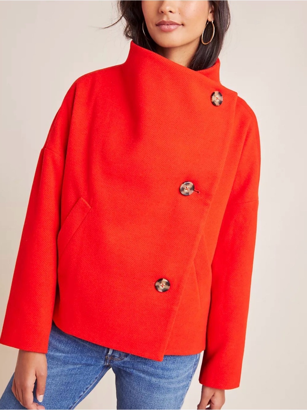 Anthropologie Sasha Asymmetrical Jacket Bright Red Orange Funnel Neck‎ S-M